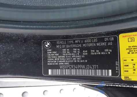 2009 BMW X3 xDrive30I z USA, uszkodzony, nr VIN WBXPC93499WJ24371